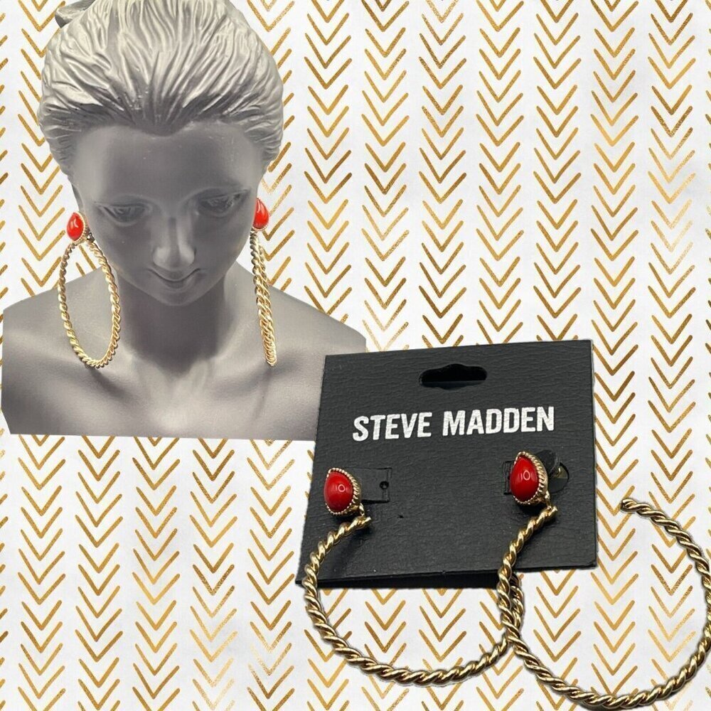 Steve Madden Red Pear Shaped Stone Accent Textured Gold-Tone Open Hoop Earrings